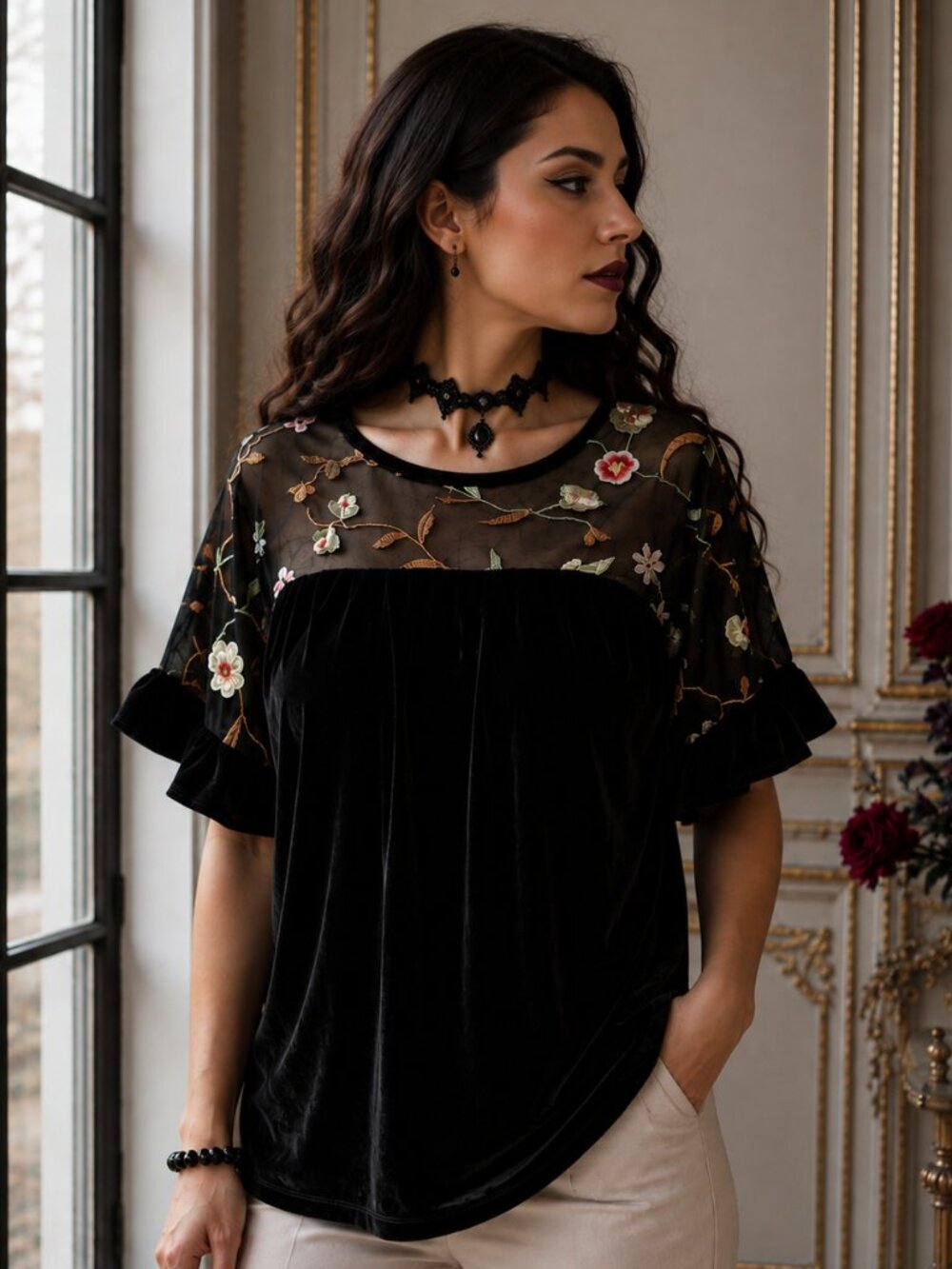 Pleione Black Velvet Blouse M Floral Embroidered Sheer Mesh Ruffle Sleeve Top